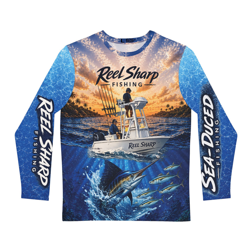 Reel Sharp  Sea-Duced Fishing Shirt, Marlin Long Sleeve Performance Jersey, Offshore Boating Shirt, Mens and Womens Fishing Gift