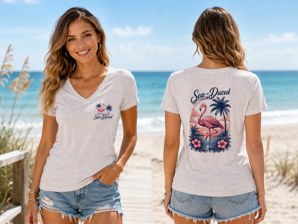 Sea-Duced Flamingo Women's V-Neck Tee