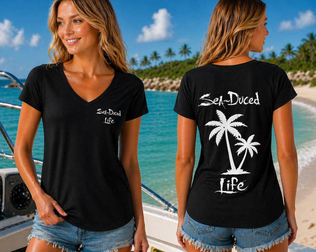 Sea-Duced Legends Women's Palm Tree V-Neck Tee