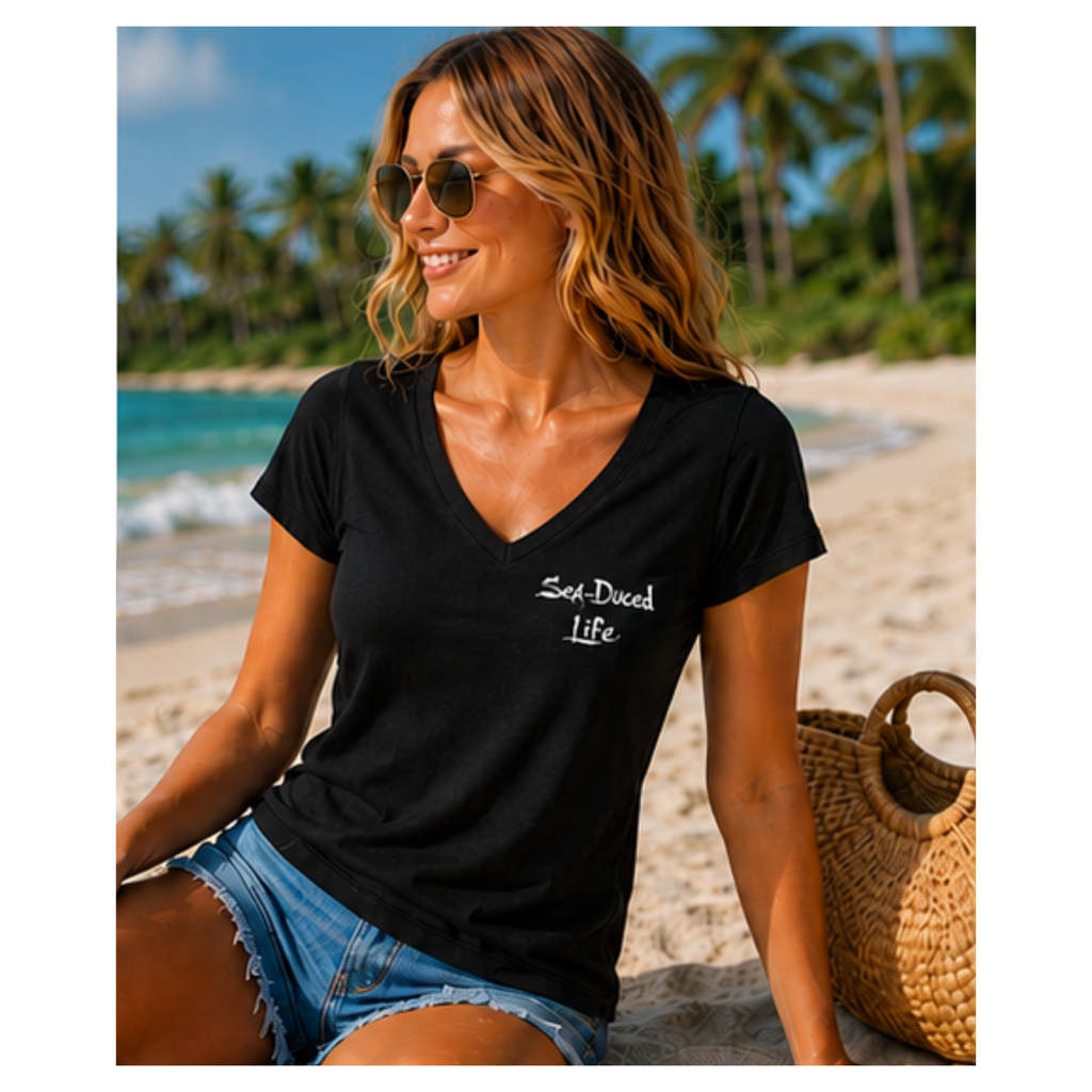 Sea-Duced Legends Women's Palm Tree V-Neck Tee