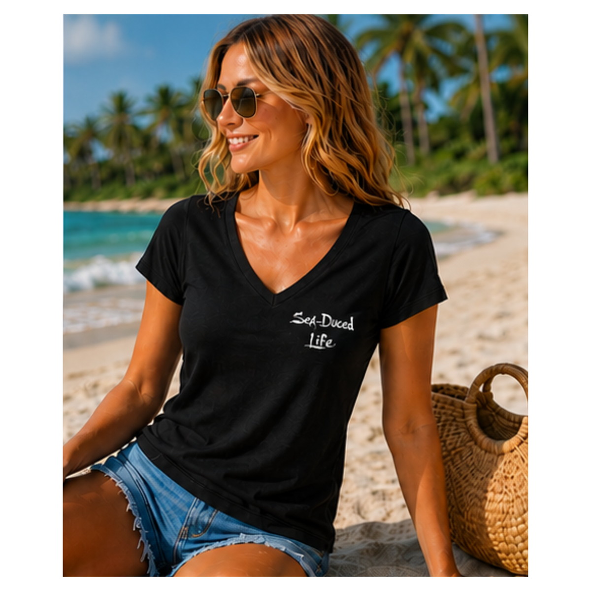 Sea-Duced Legends Women's Palm Tree V-Neck Tee