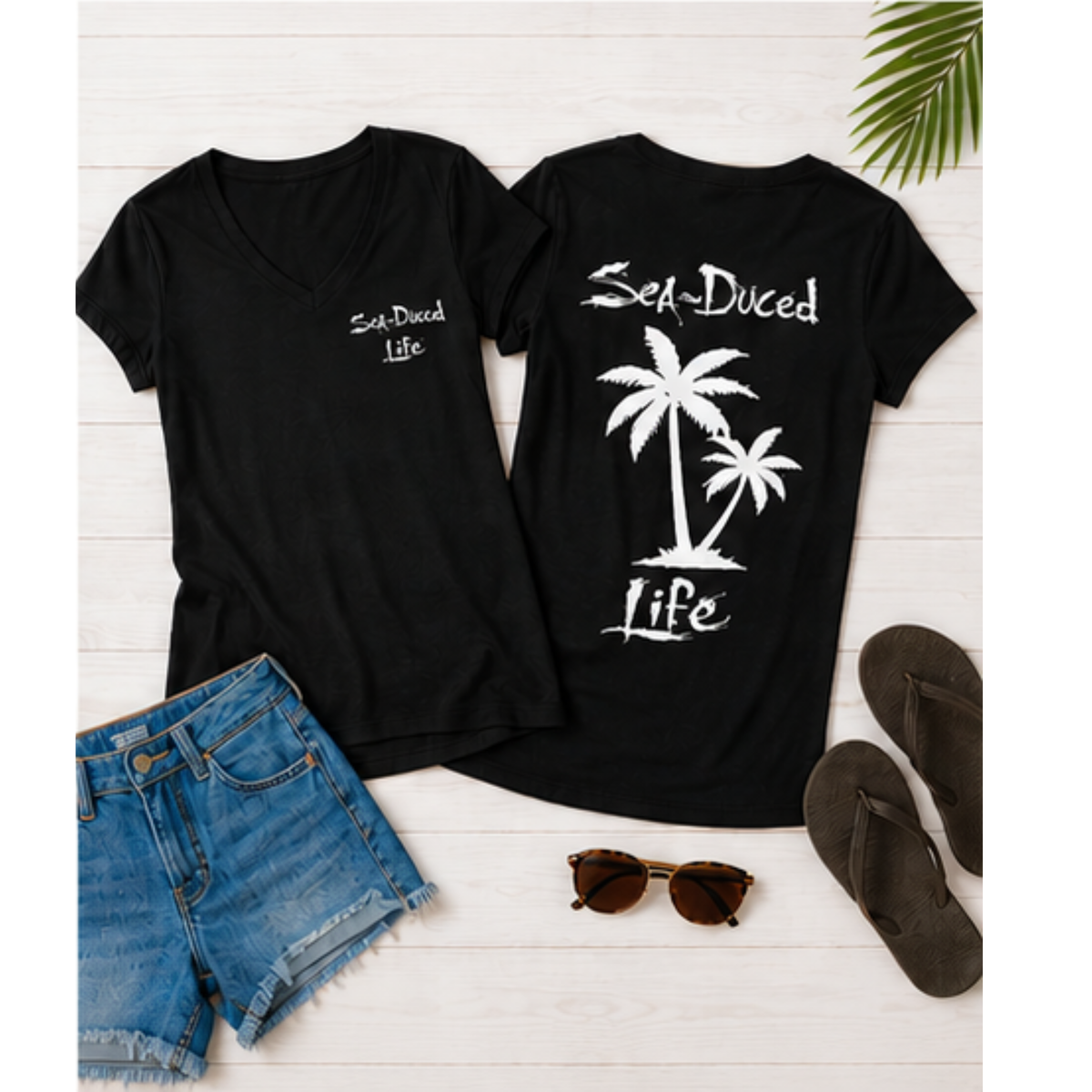 Sea-Duced Legends Women's Palm Tree V-Neck Tee