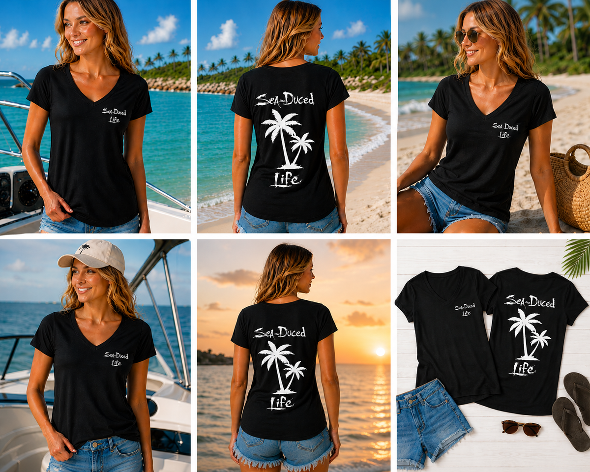 Sea-Duced Legends Women's Palm Tree V-Neck Tee