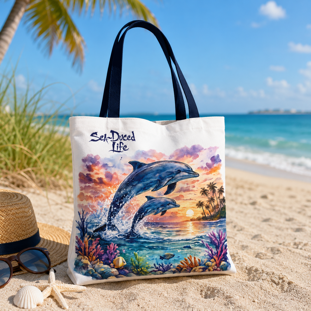 Sea-Duced Dolphin Beach Tote Bag
