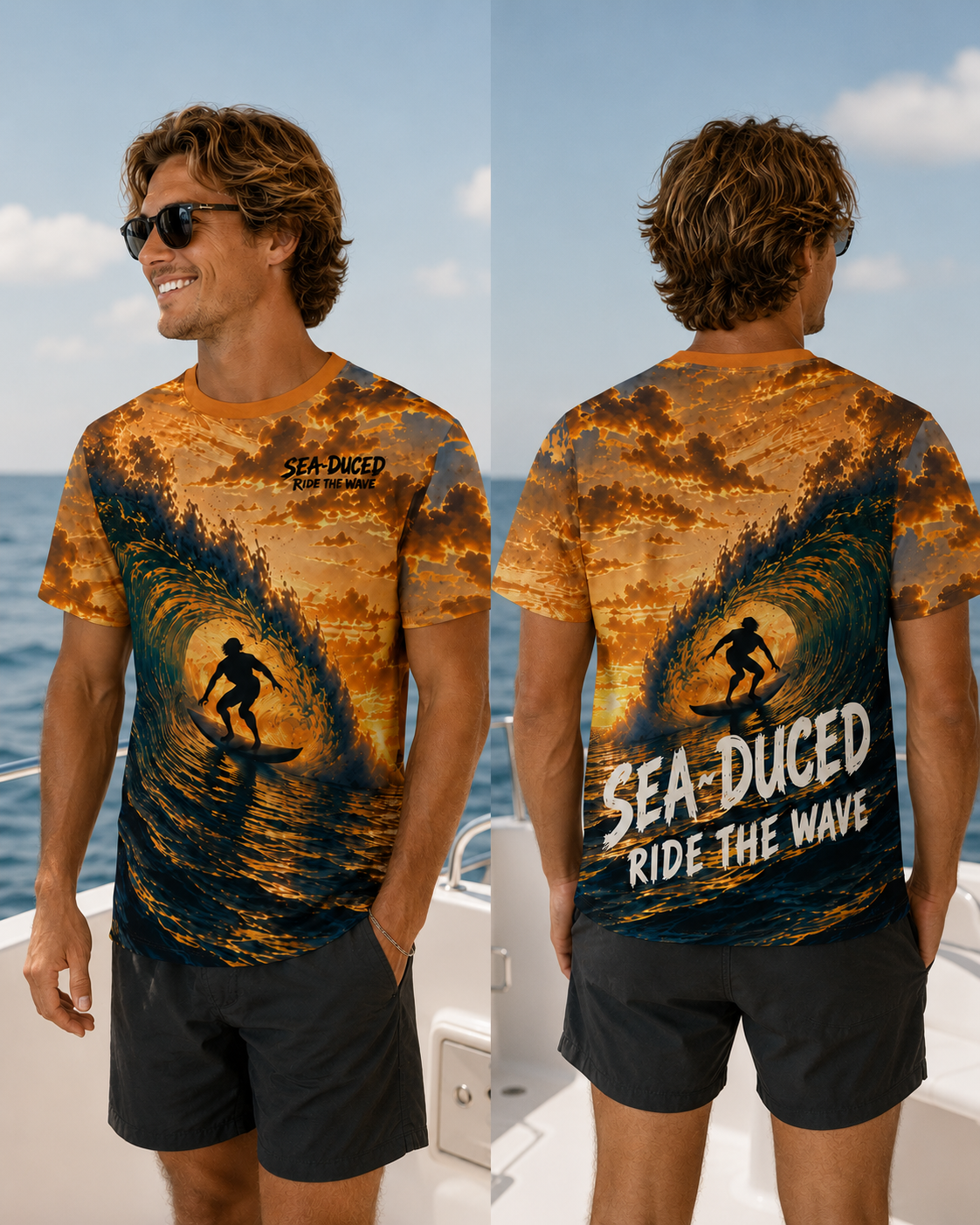 Sea-Duced Ride the Wave Sunset Surf All-Over Print T-Shirt