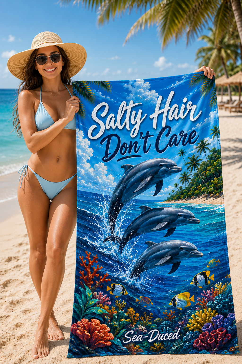 Sea-Duced Salty Hair Don't Care Dolphin Beach Towel