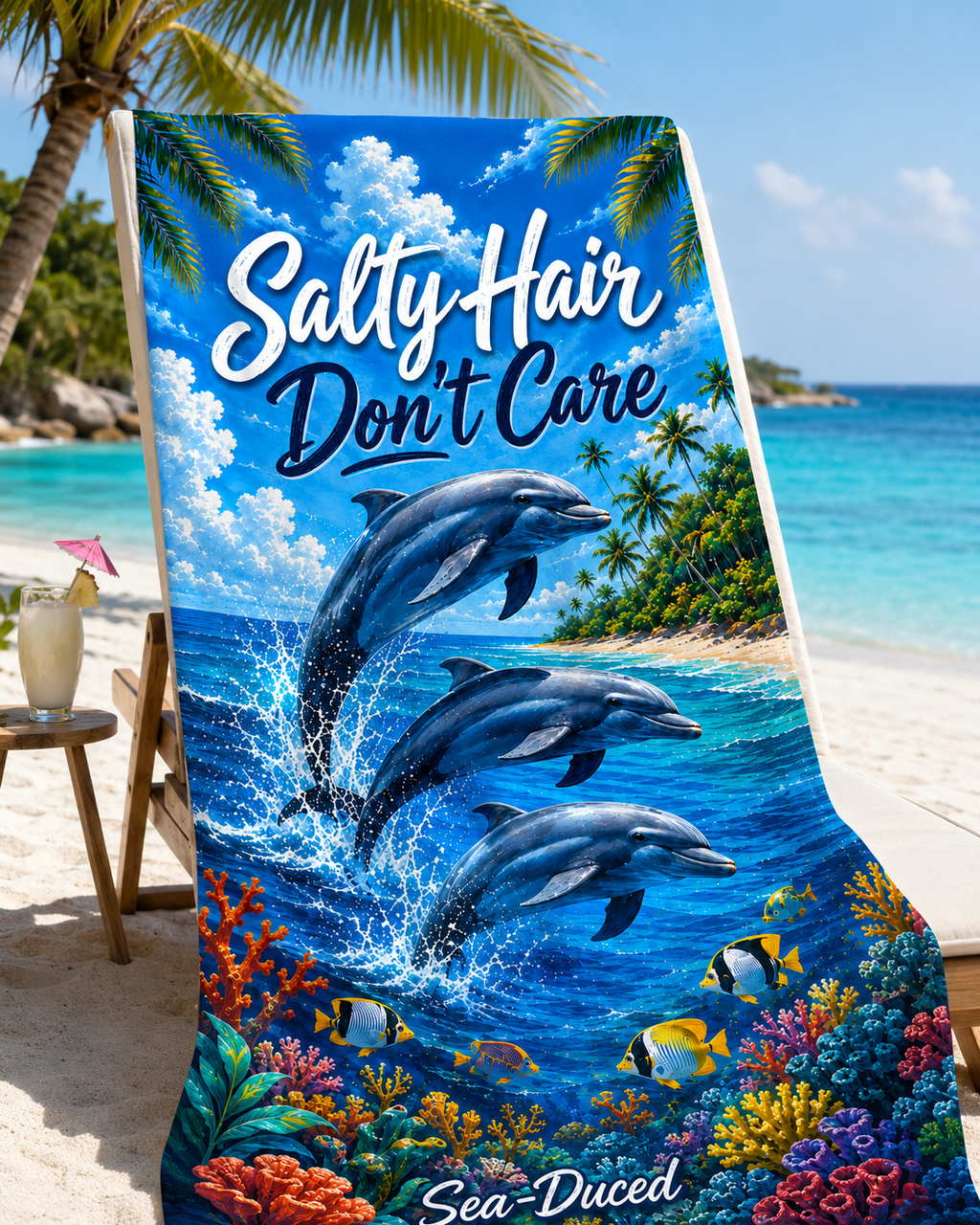 Sea-Duced Salty Hair Don't Care Dolphin Beach Towel