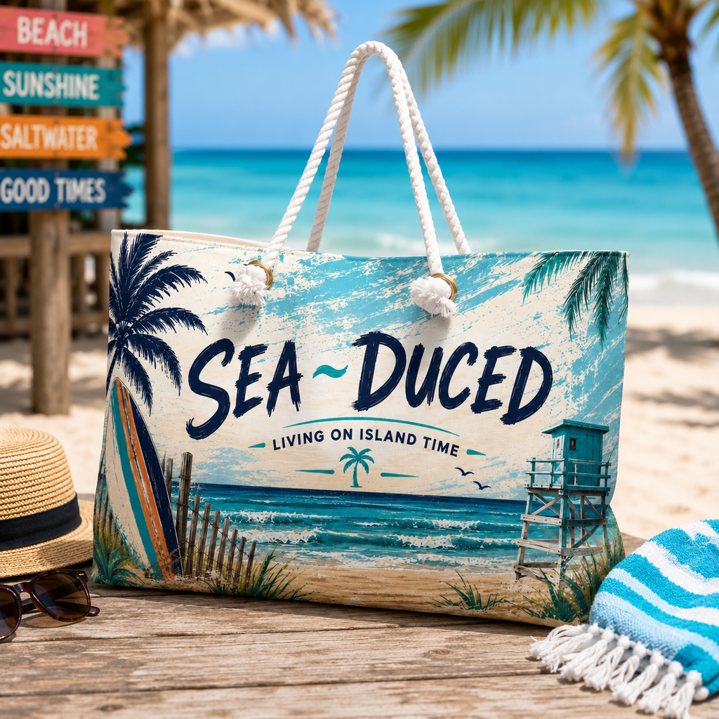 Sea-Duced Living on Island Time Oversized Beach Tote