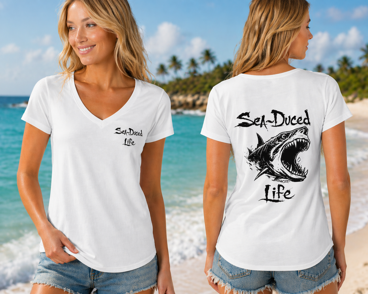 Sea-Duced Legends Women's Shark V-Neck Tee