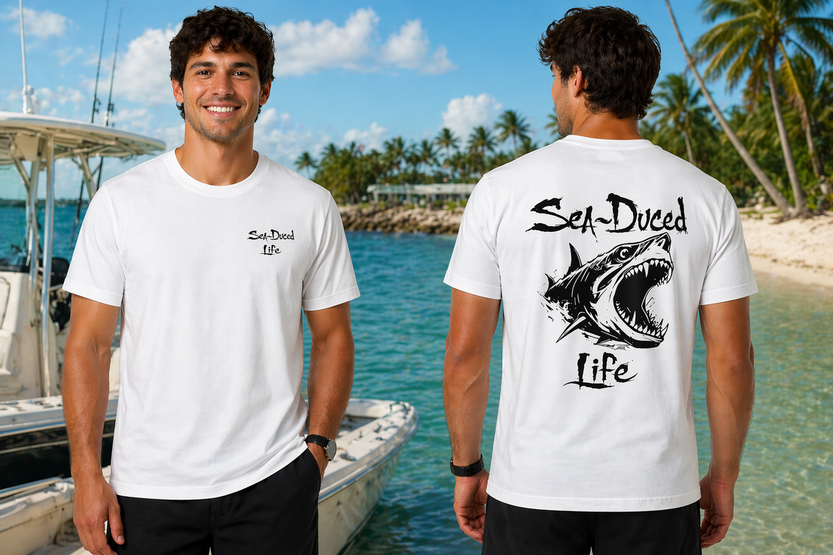 Sea-Duced Life Shark T-Shirt Beach Fishing Shirt Coastal Graphic Tee Ocean Lover Gift Shark Bite Tee | Saltwater Lifestyle Shirt