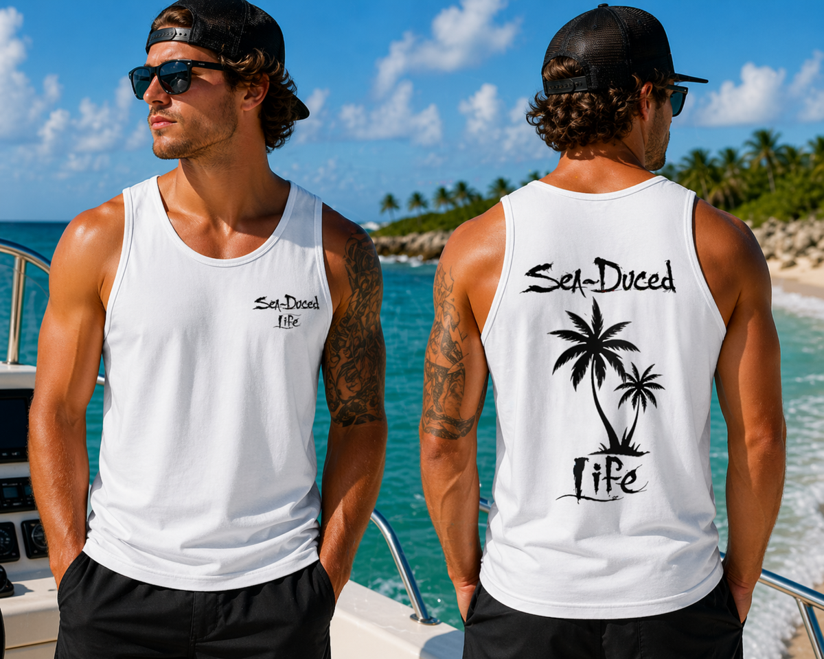 Sea-Duced Life Palm Tree Men’s Tank Top