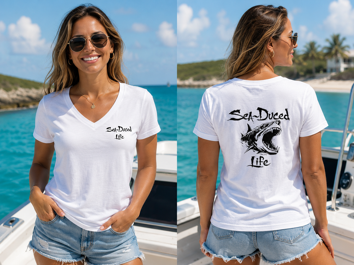 Sea-Duced Life Shark Women’s V-Neck T-Shirt