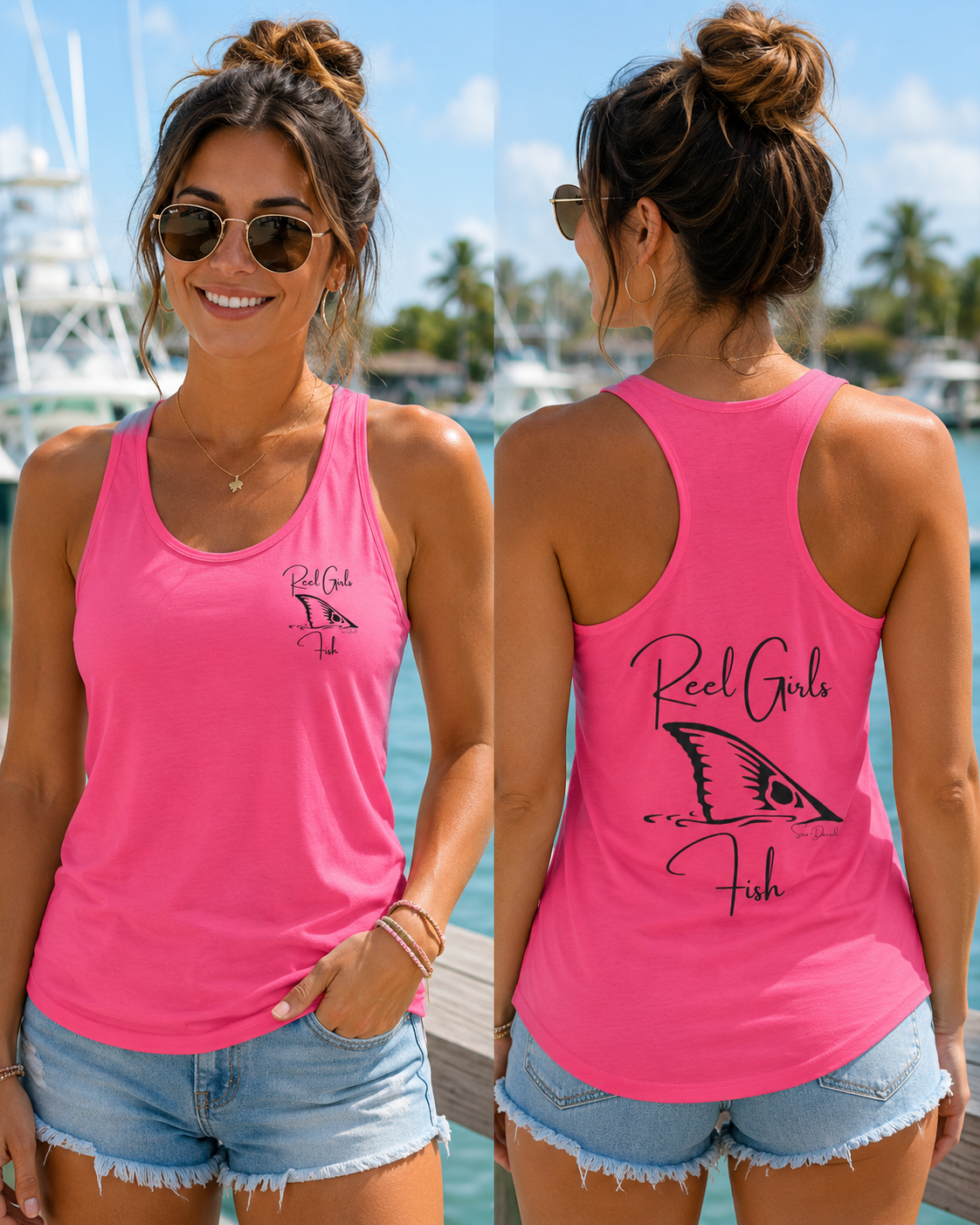 Sea-Duced Reel Girls Fish Women’s Racerback Tank
