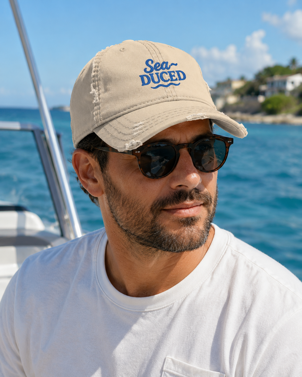Sea-Duced Coastal Distressed Embroidered Cap Khaki/Blue