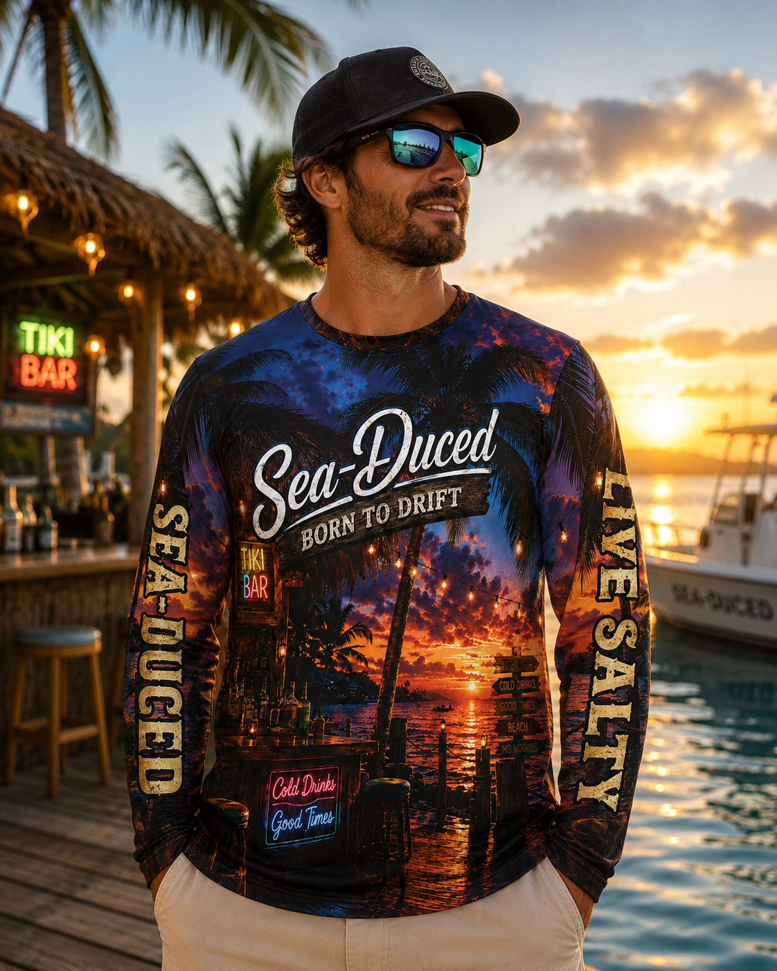 Sea-Duced Born to Drift Tiki Sunset Long-Sleeve Performance Shirt