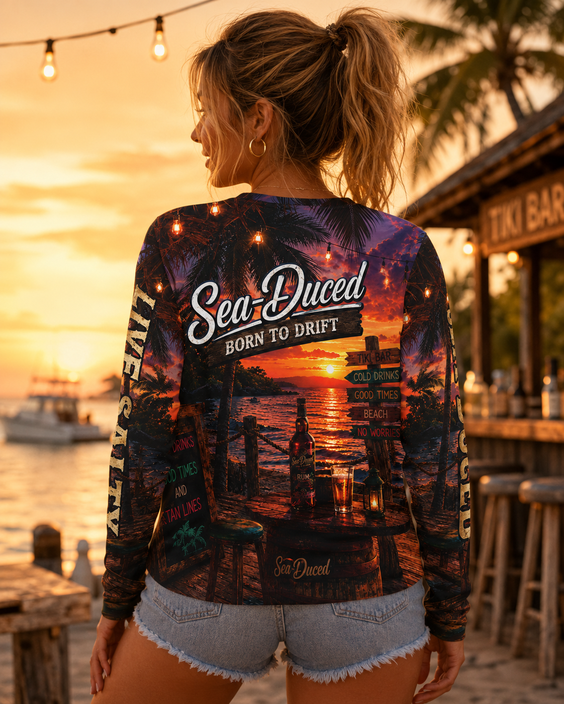 Sea-Duced Born to Drift Tiki Sunset Long-Sleeve Performance Shirt