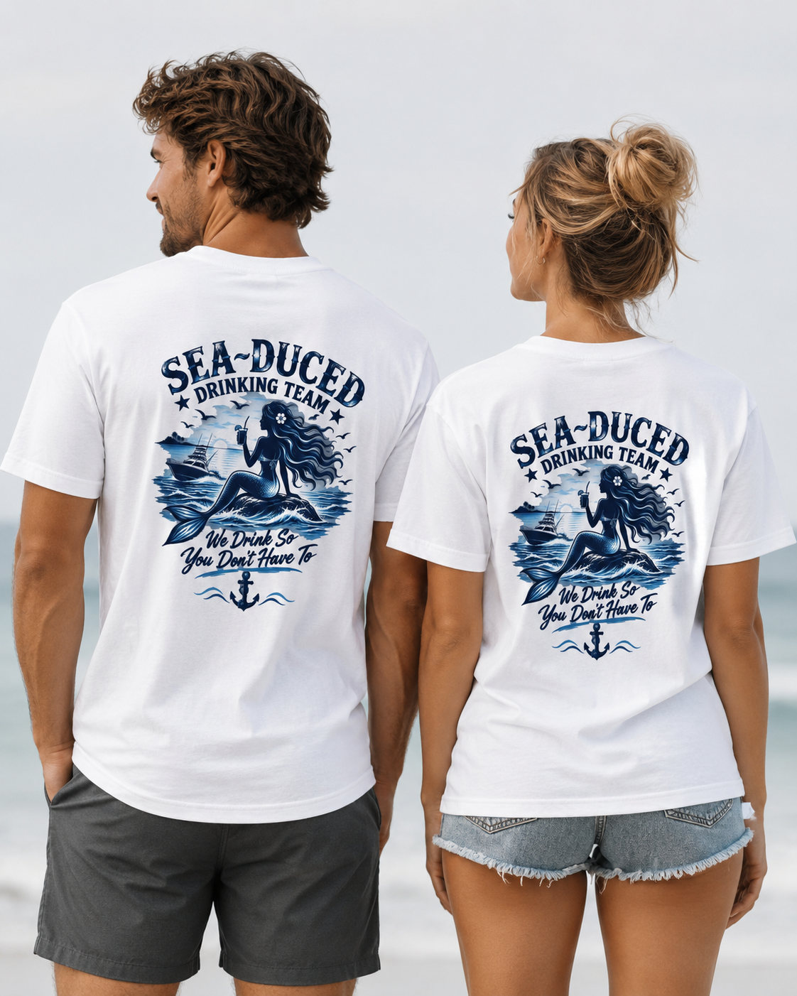 Sea-Duced® Drinking Team Mermaid T-Shirt | Coastal Beach & Boating Graphic Tee | Unisex Nautical Shirt