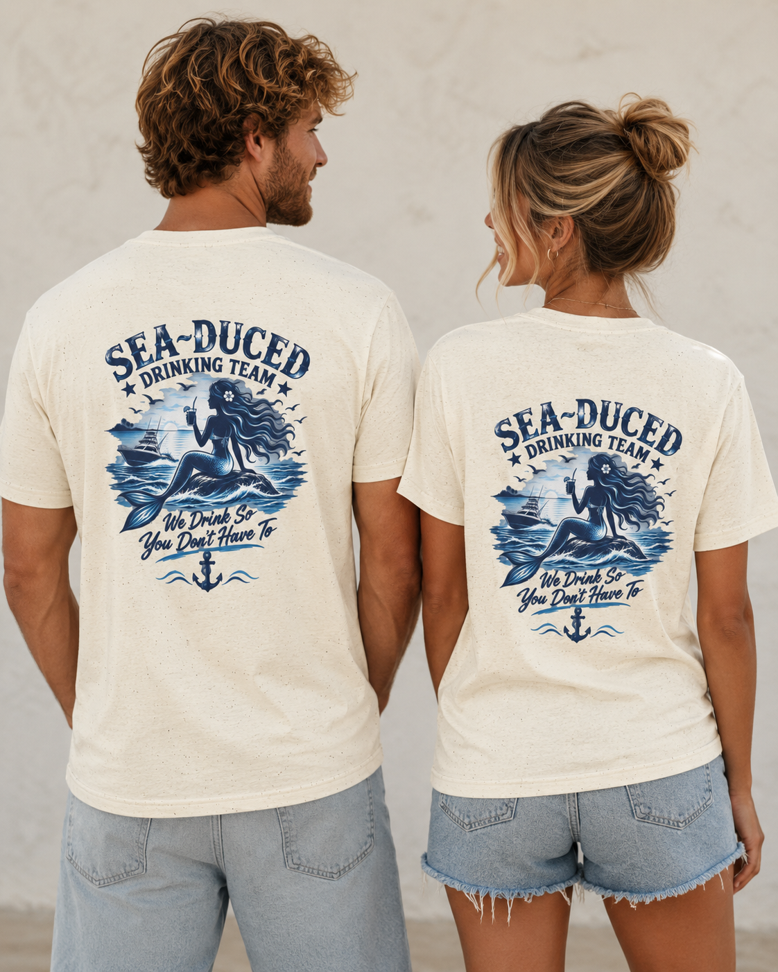 Sea-Duced® Drinking Team Mermaid T-Shirt | Coastal Beach & Boating Graphic Tee | Unisex Nautical Shirt