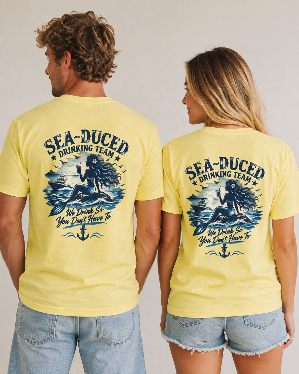 Sea-Duced® Drinking Team Mermaid T-Shirt | Coastal Beach & Boating Graphic Tee | Unisex Nautical Shirt