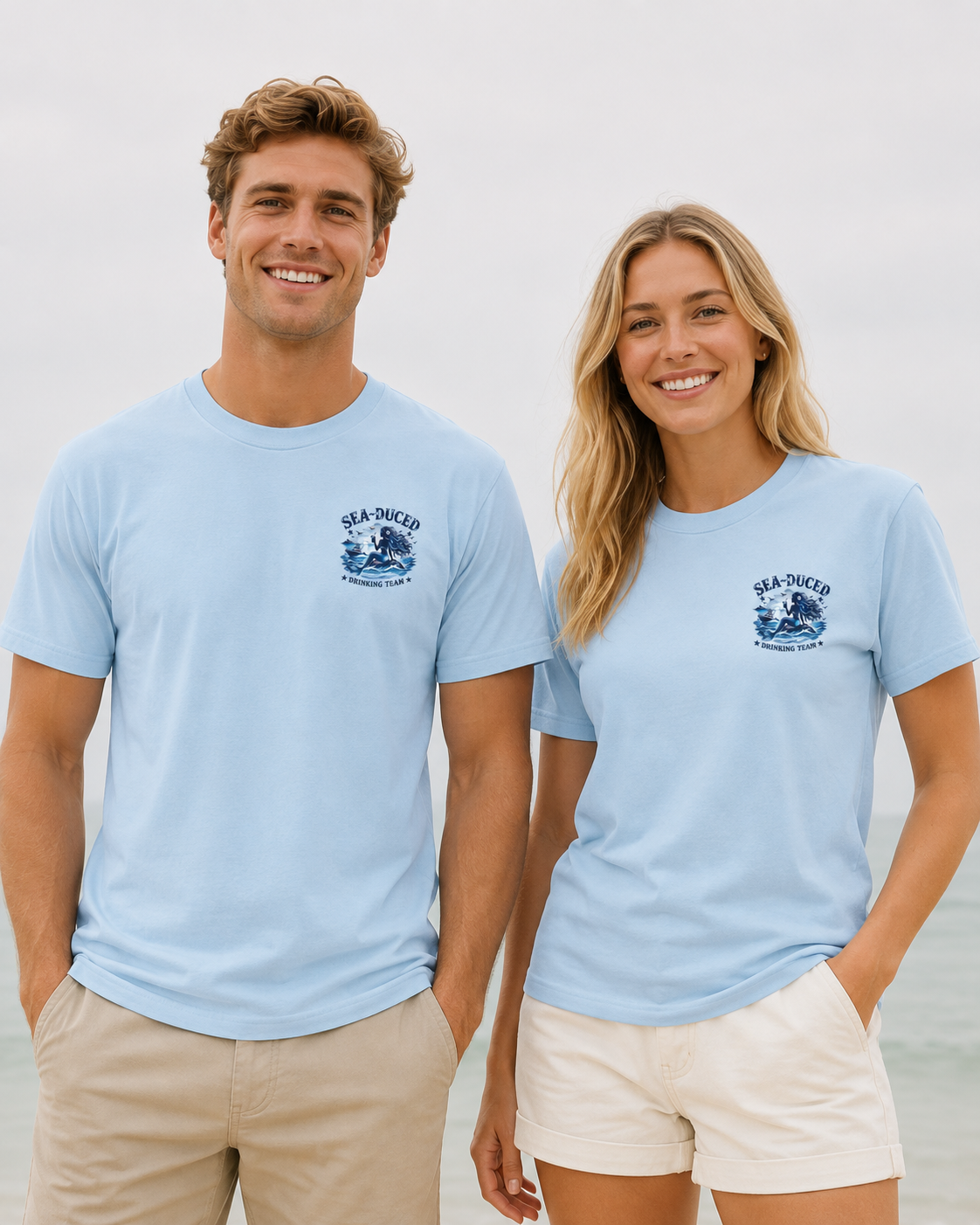 Sea-Duced® Drinking Team Mermaid T-Shirt | Coastal Beach & Boating Graphic Tee | Unisex Nautical Shirt