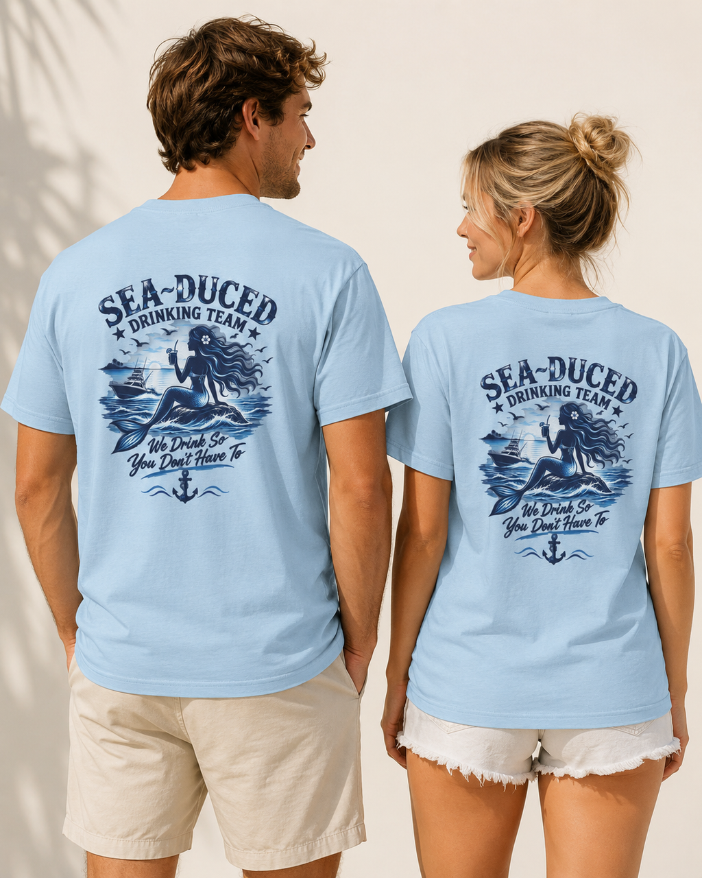 Sea-Duced® Drinking Team Mermaid T-Shirt | Coastal Beach & Boating Graphic Tee | Unisex Nautical Shirt