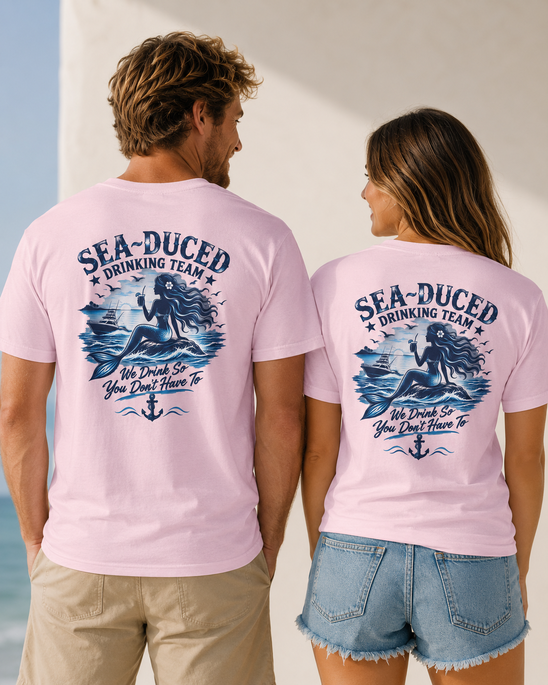 Sea-Duced® Drinking Team Mermaid T-Shirt | Coastal Beach & Boating Graphic Tee | Unisex Nautical Shirt