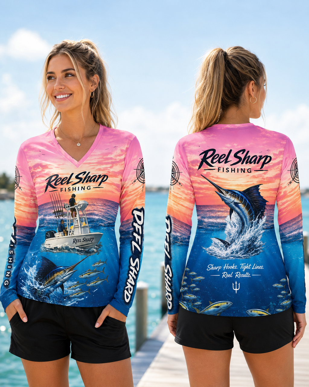 Womens Reel Sharp Fishing Shirt, Pink Sunset Sailfish Long Sleeve, Sea-Duced Performance Fishing Jersey, V-Neck Ocean Shirt