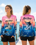 Womens Reel Sharp Fishing Shirt, Pink Sunset Sailfish Long Sleeve, Sea-Duced Performance Fishing Jersey, V-Neck Ocean Shirt