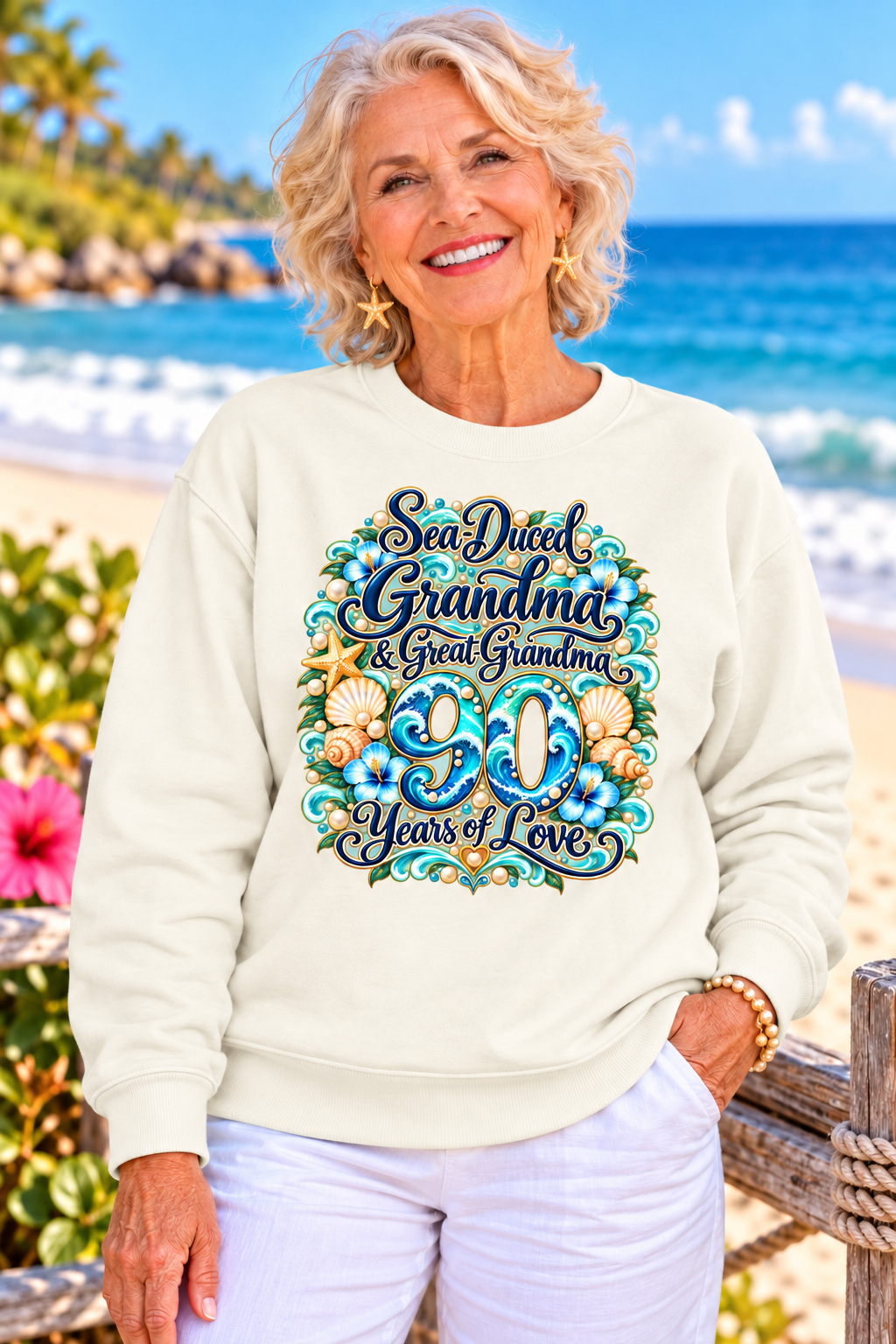 Personalized Grandma Sweatshirt, Custom Age Birthday Gift for Nana Gigi Mimi, Great Grandma Gift, 90 Years of Love, Coastal Sweatshirt