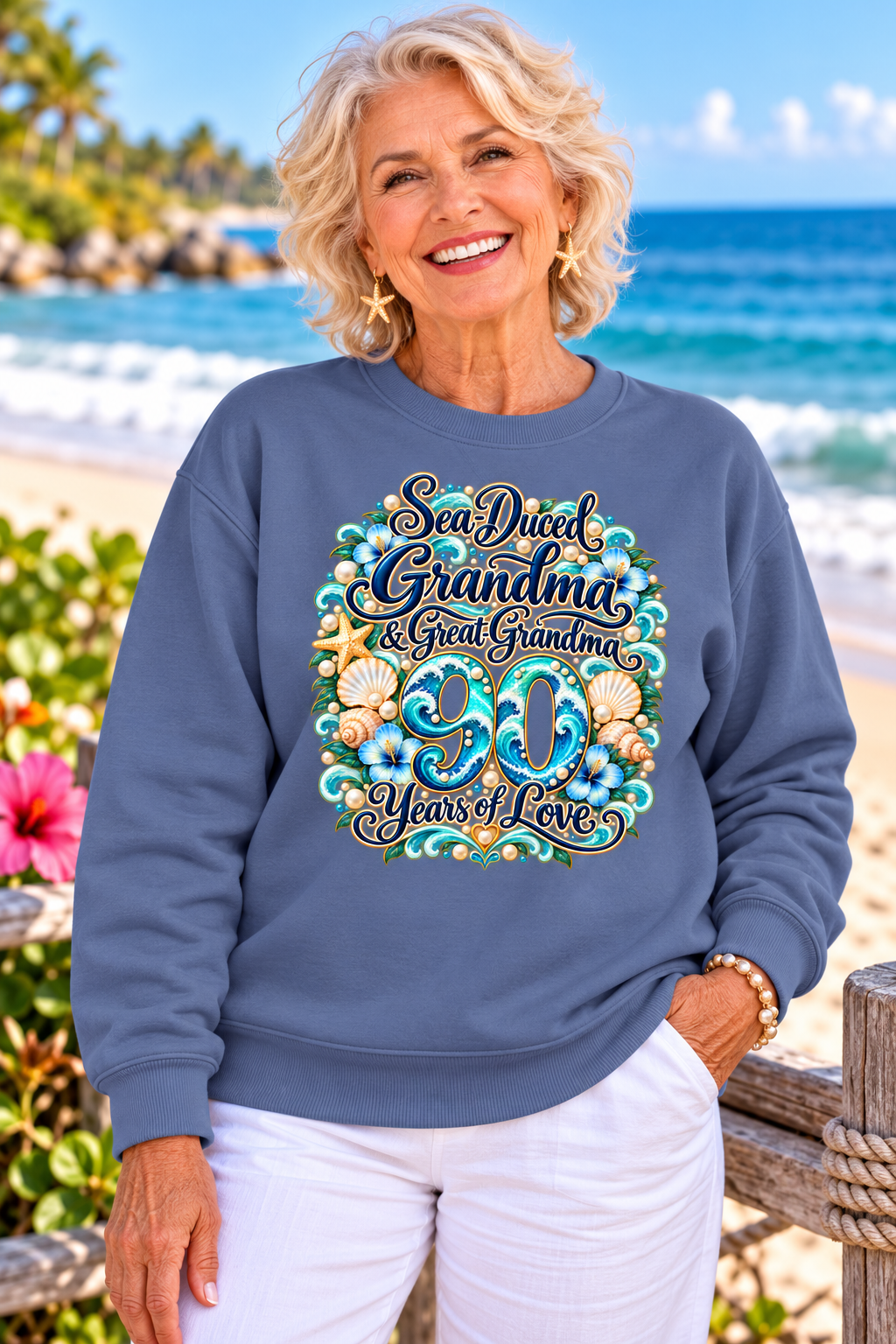 Personalized Grandma Sweatshirt, Custom Age Birthday Gift for Nana Gigi Mimi, Great Grandma Gift, 90 Years of Love, Coastal Sweatshirt