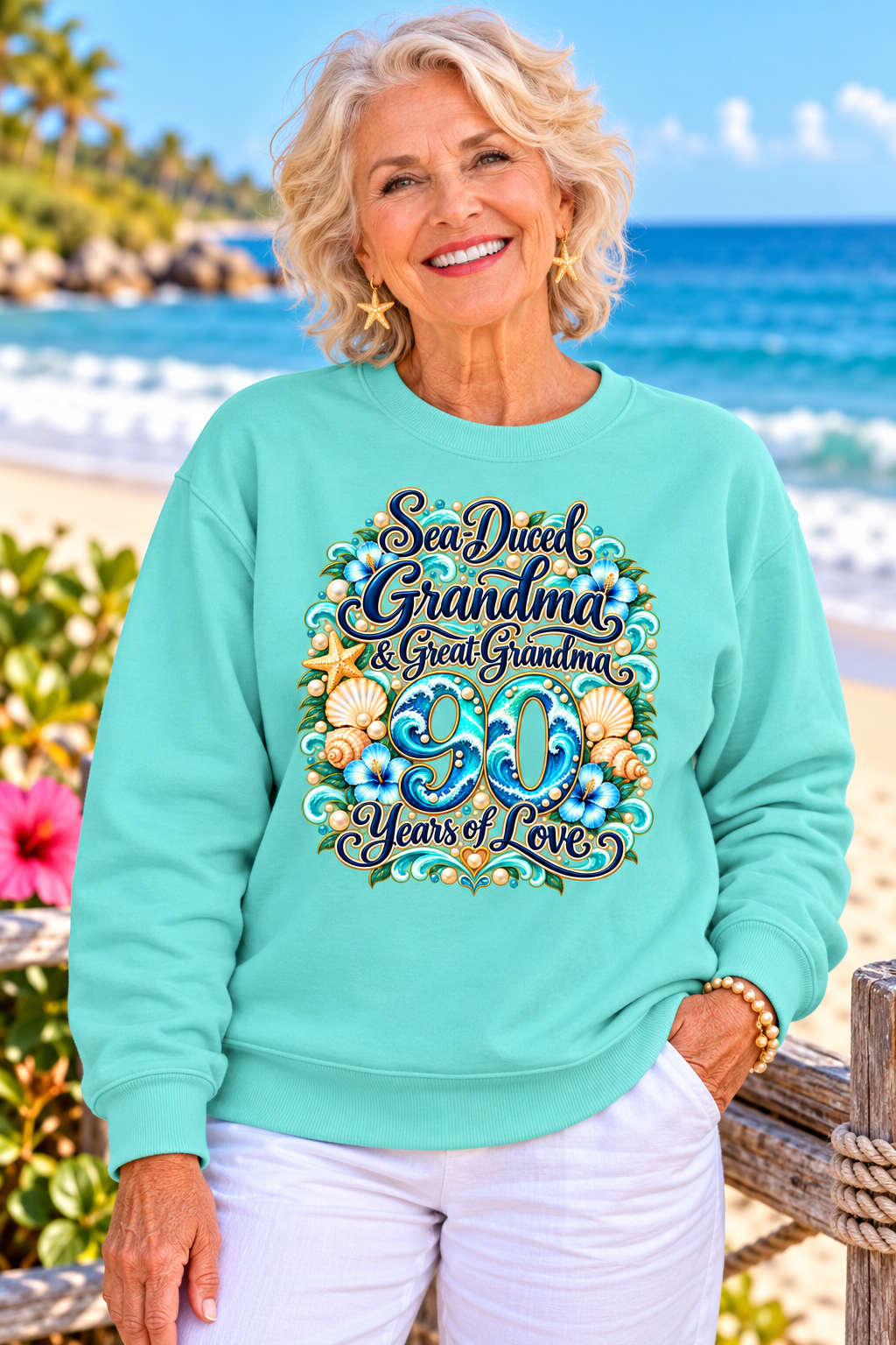 Personalized Grandma Sweatshirt, Custom Age Birthday Gift for Nana Gigi Mimi, Great Grandma Gift, 90 Years of Love, Coastal Sweatshirt