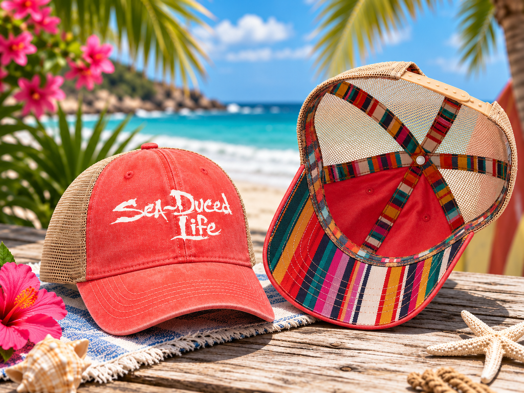 Sea-Duced Life Ponytail Trucker Hat | Coastal Beach Cap with Colorful Underbrim