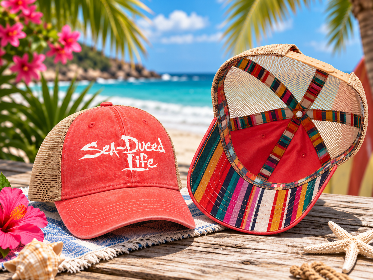 Sea-Duced Life Ponytail Trucker Hat | Coastal Beach Cap with Colorful Underbrim