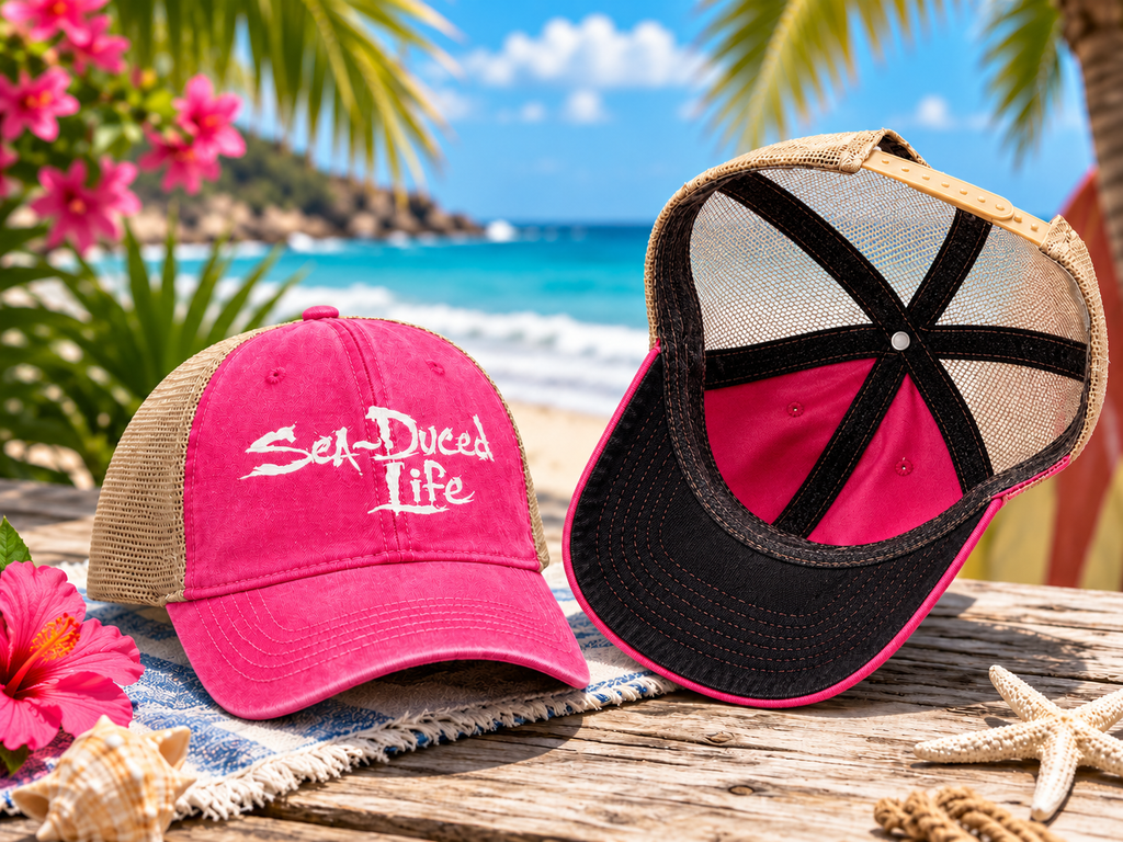 Sea-Duced Life Ponytail Trucker Hat | Coastal Beach Cap with Colorful Underbrim