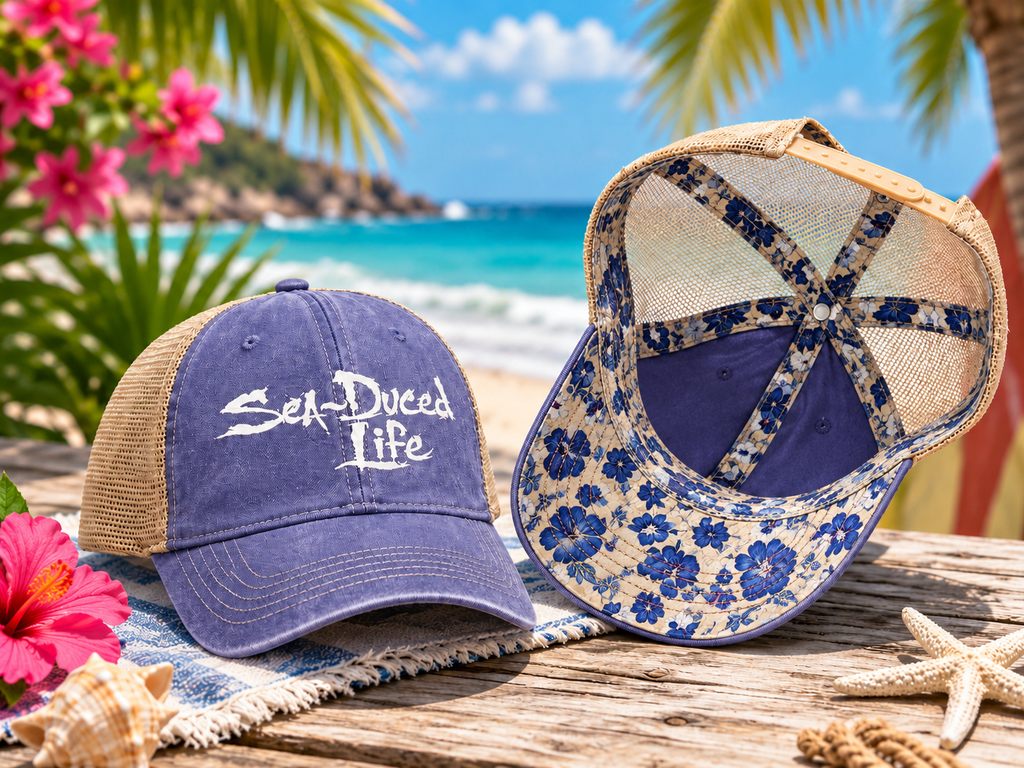 Sea-Duced Life Ponytail Trucker Hat | Coastal Beach Cap with Colorful Underbrim