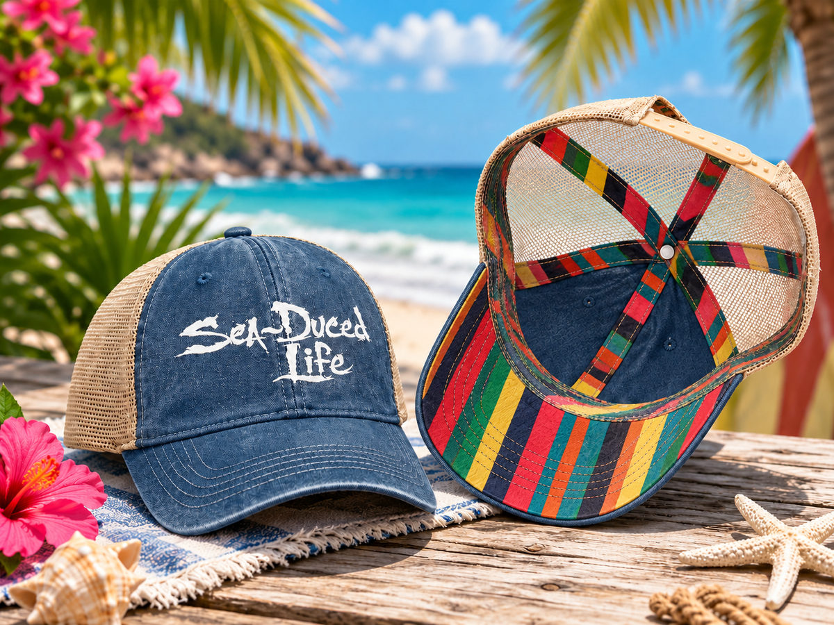 Sea-Duced Life Ponytail Trucker Hat | Coastal Beach Cap with Colorful Underbrim