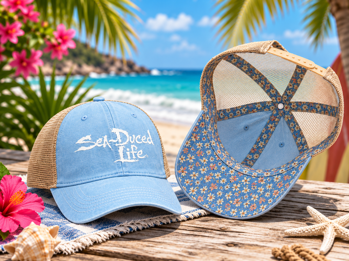 Sea-Duced Life Ponytail Trucker Hat | Coastal Beach Cap with Colorful Underbrim