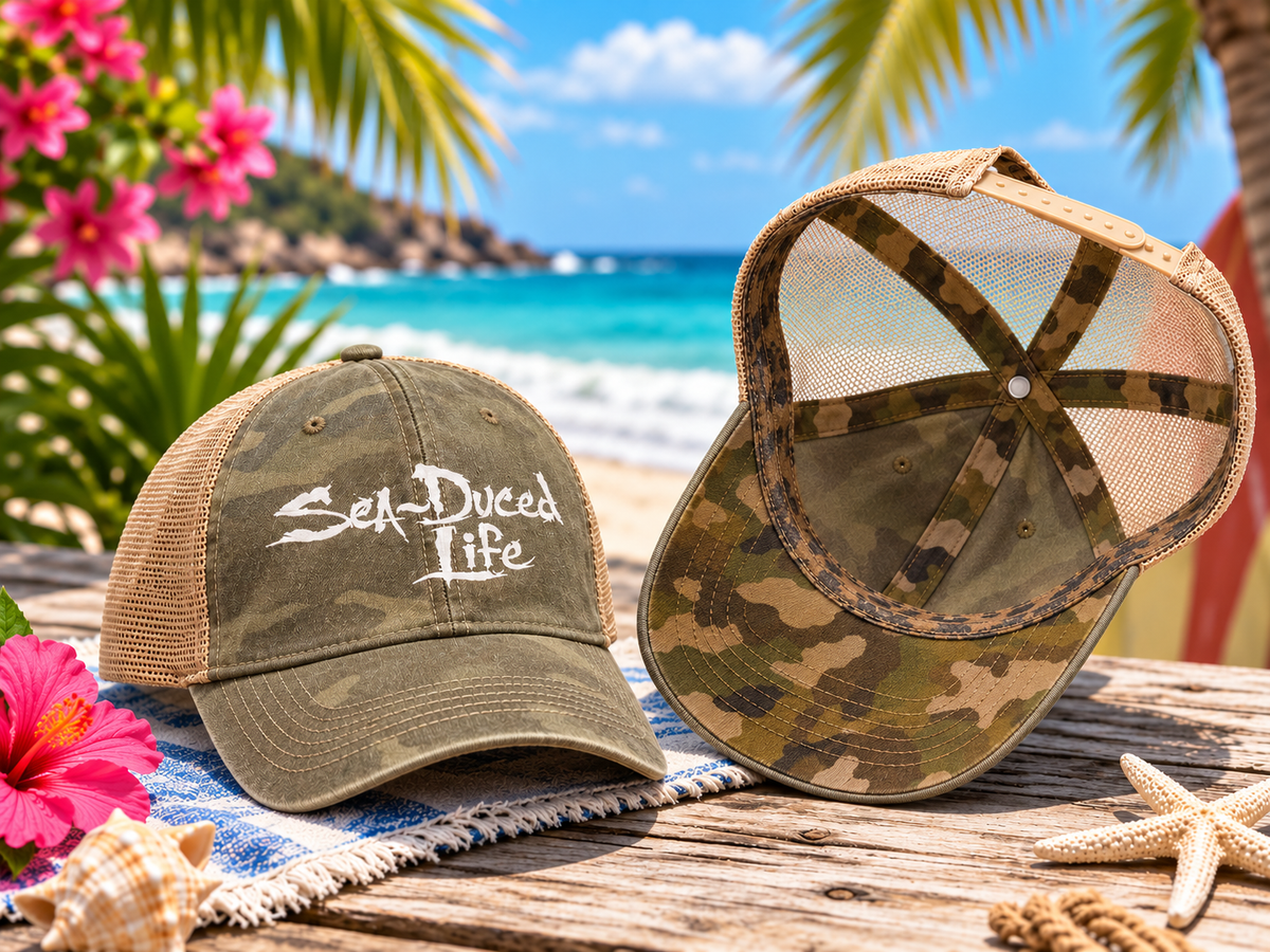 Sea-Duced Life Ponytail Trucker Hat | Coastal Beach Cap with Colorful Underbrim