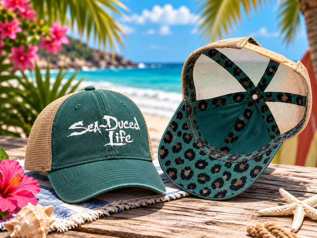 Sea-Duced Life Ponytail Trucker Hat | Coastal Beach Cap with Colorful Underbrim