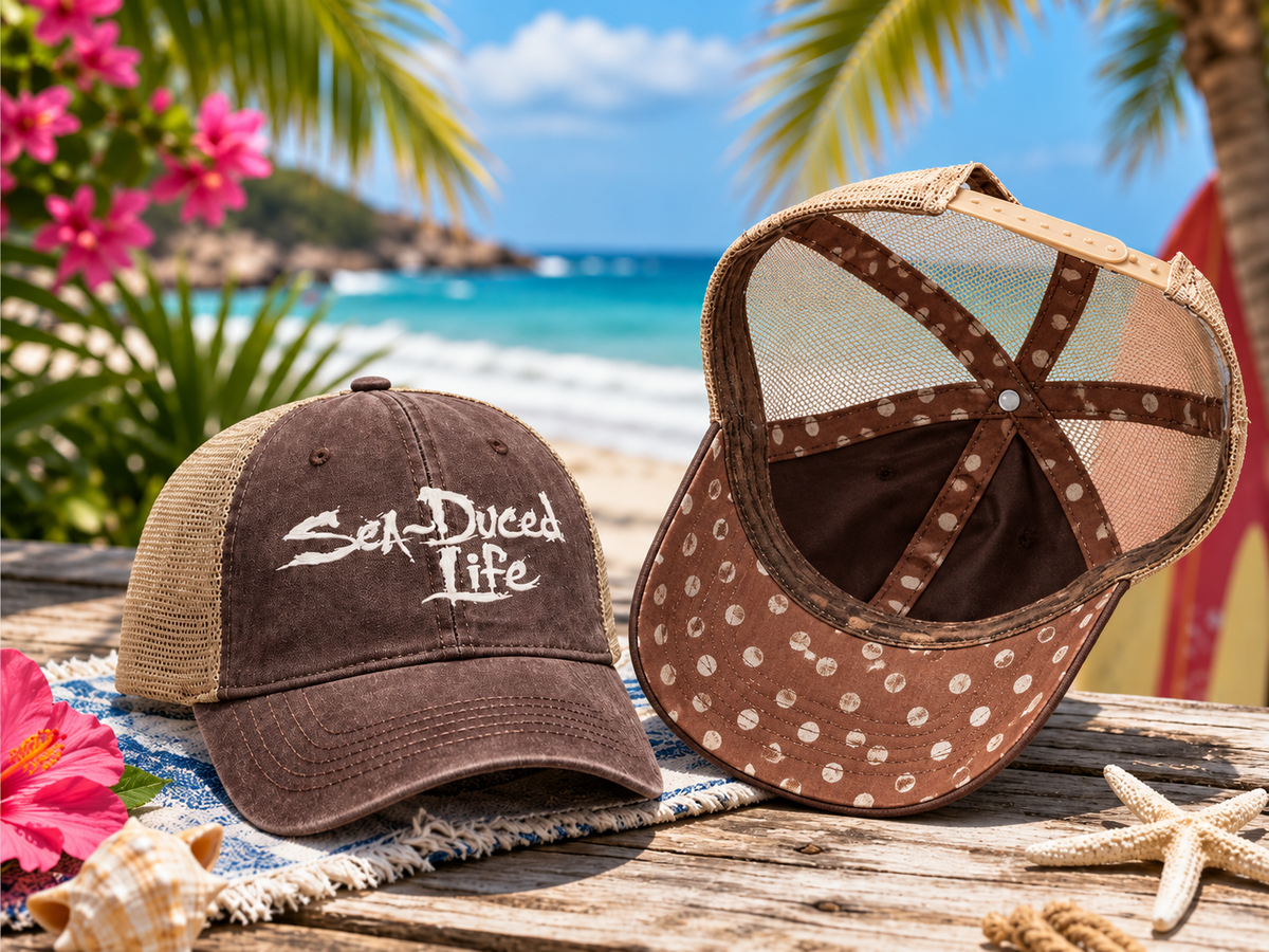 Sea-Duced Life Ponytail Trucker Hat | Coastal Beach Cap with Colorful Underbrim
