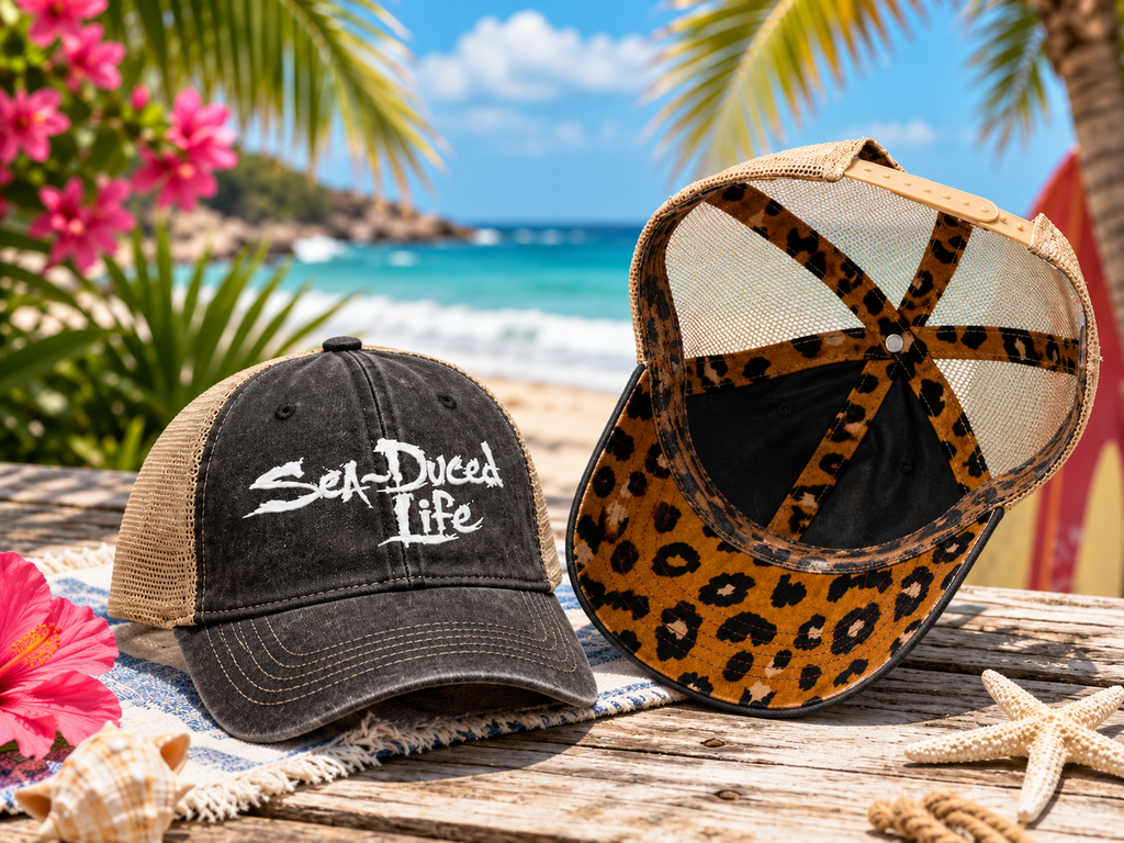 Sea-Duced Life Ponytail Trucker Hat | Coastal Beach Cap with Colorful Underbrim
