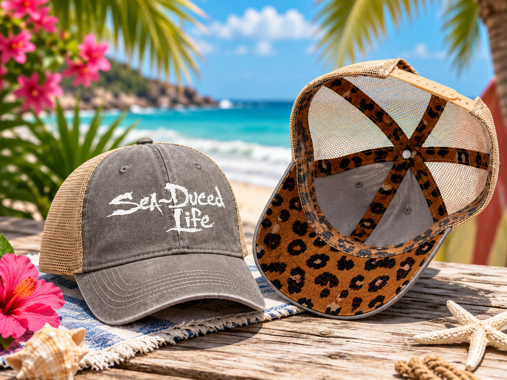 Sea-Duced Life Ponytail Trucker Hat | Coastal Beach Cap with Colorful Underbrim