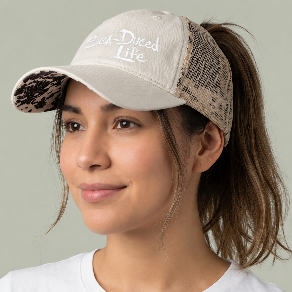 Sea-Duced Life Ponytail Trucker Hat | Coastal Beach Cap with Colorful Underbrim