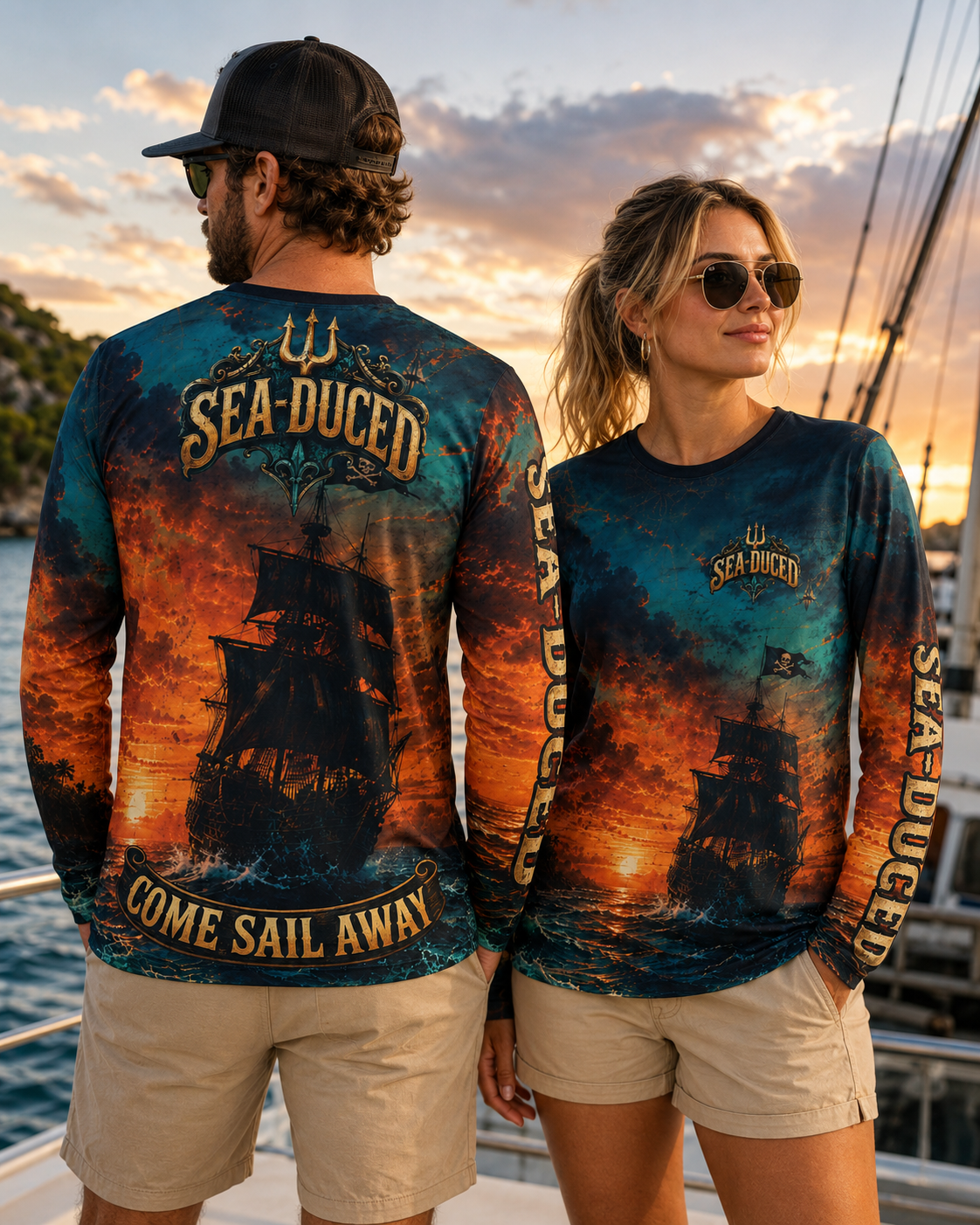 Sea-Duced Come Sail Away Pirate Ship Long Sleeve AOP Shirt | Nautical Coastal Apparel | Plus Size