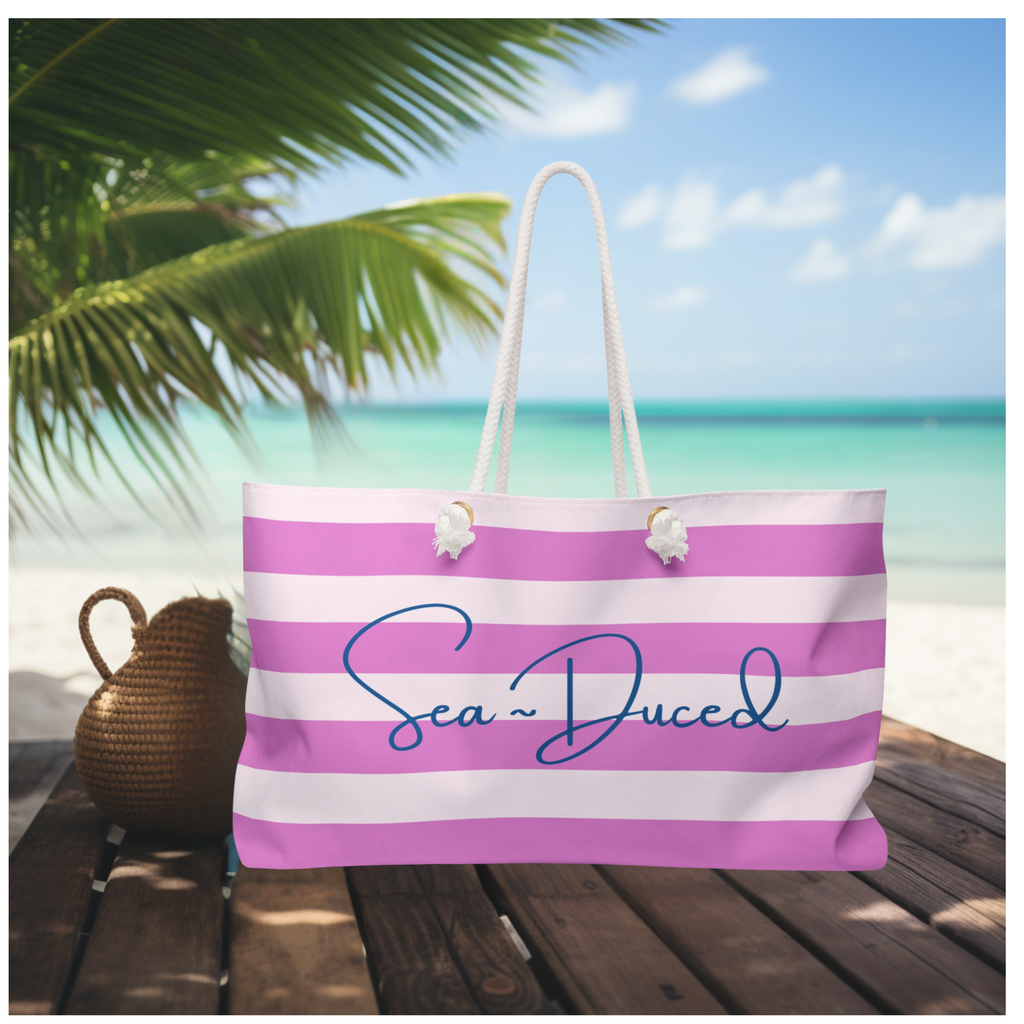 Sea-Duced Pink Striped Beach Tote Bag | Coastal Weekender & Travel Tote