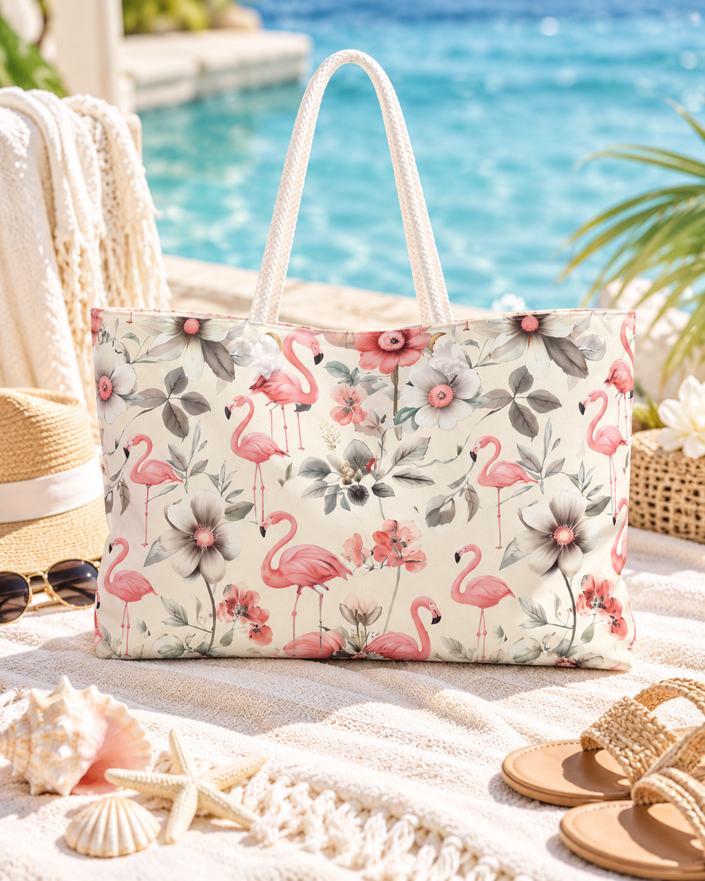 Sea-Duced Flamingo Oversized Beach Tote | Tropical Floral Weekender Bag