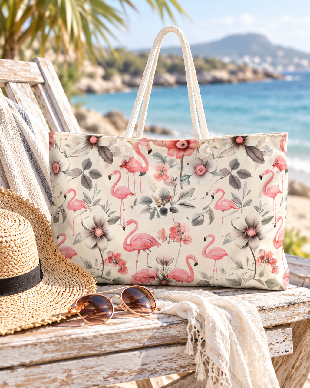 Sea-Duced Flamingo Oversized Beach Tote | Tropical Floral Weekender Bag