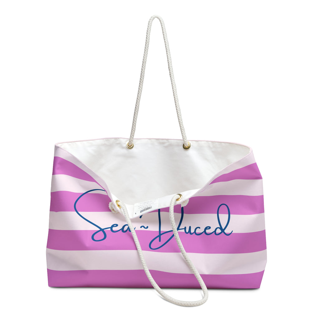Sea-Duced Pink Striped Beach Tote Bag | Coastal Weekender & Travel Tote