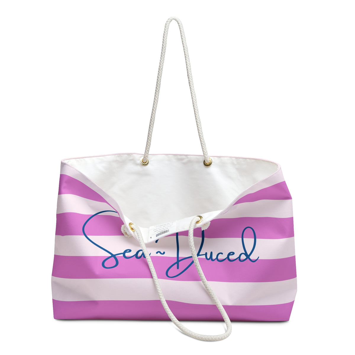 Sea-Duced Pink Striped Beach Tote Bag | Coastal Weekender & Travel Tote