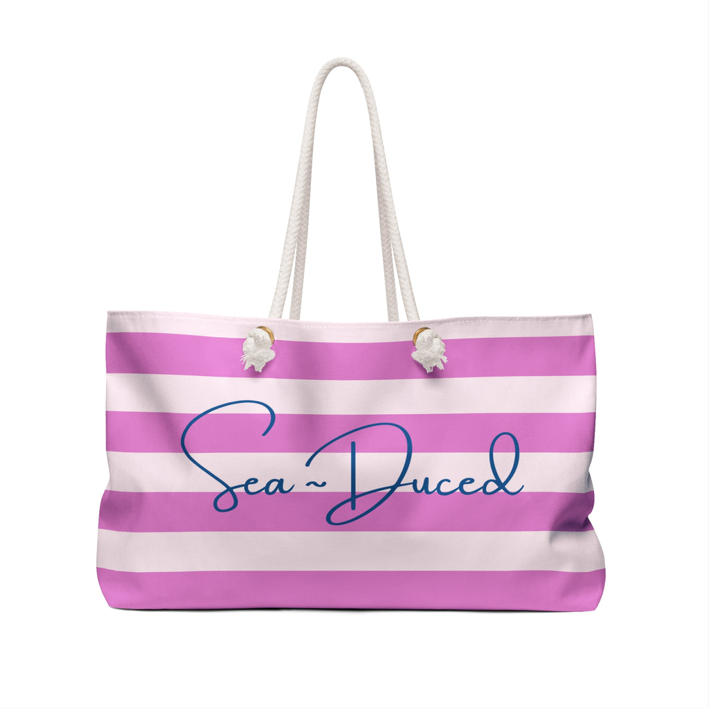 Sea-Duced Pink Striped Beach Tote Bag | Coastal Weekender & Travel Tote